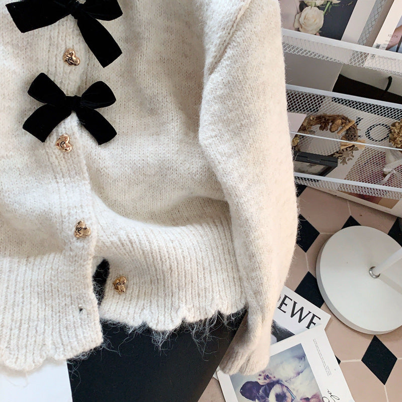 Chic Bow Soft Knit Cardigan Coat for Women, Spring and Autumn  Round Neck Floral Top