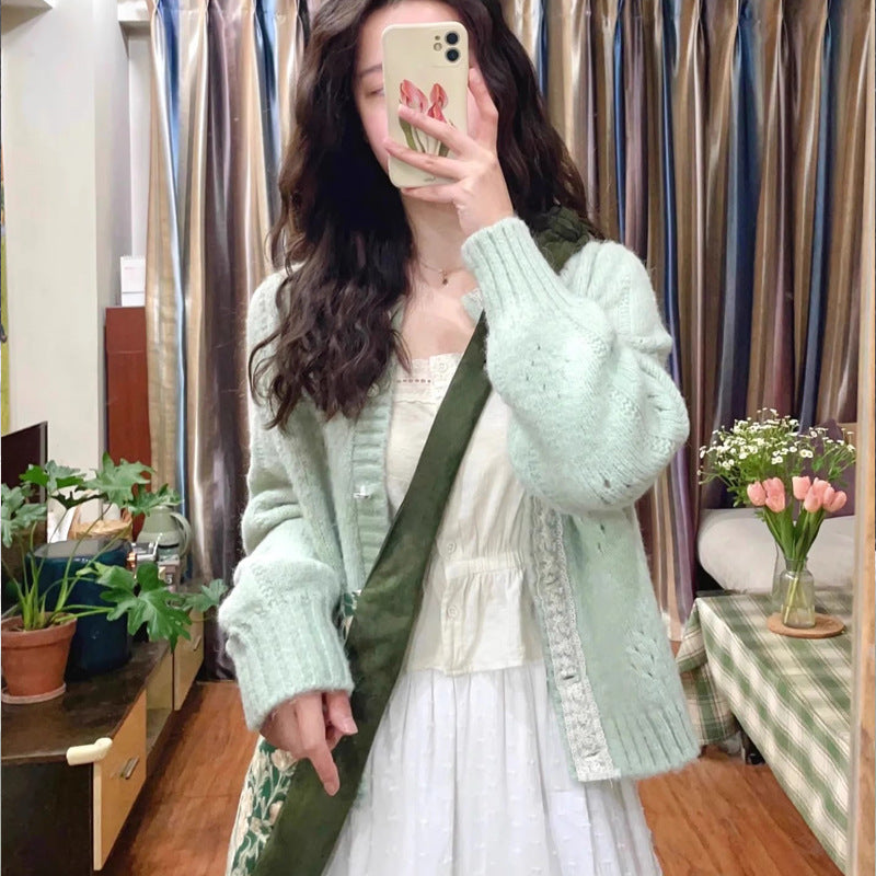 Green Lace Design Knit Cardigan for Women, Autumn Literary Vintage Lazy Outerwear Top
