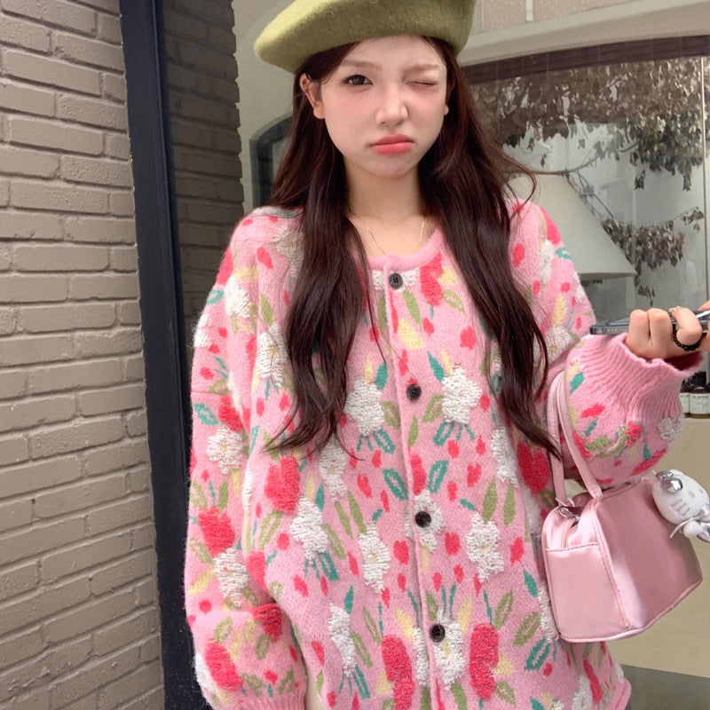Chic and Stylish Loose Knit Sweater for Women, Autumn New Arrival, Plus Size, Sweet Floral Pink Knitted Cardigan