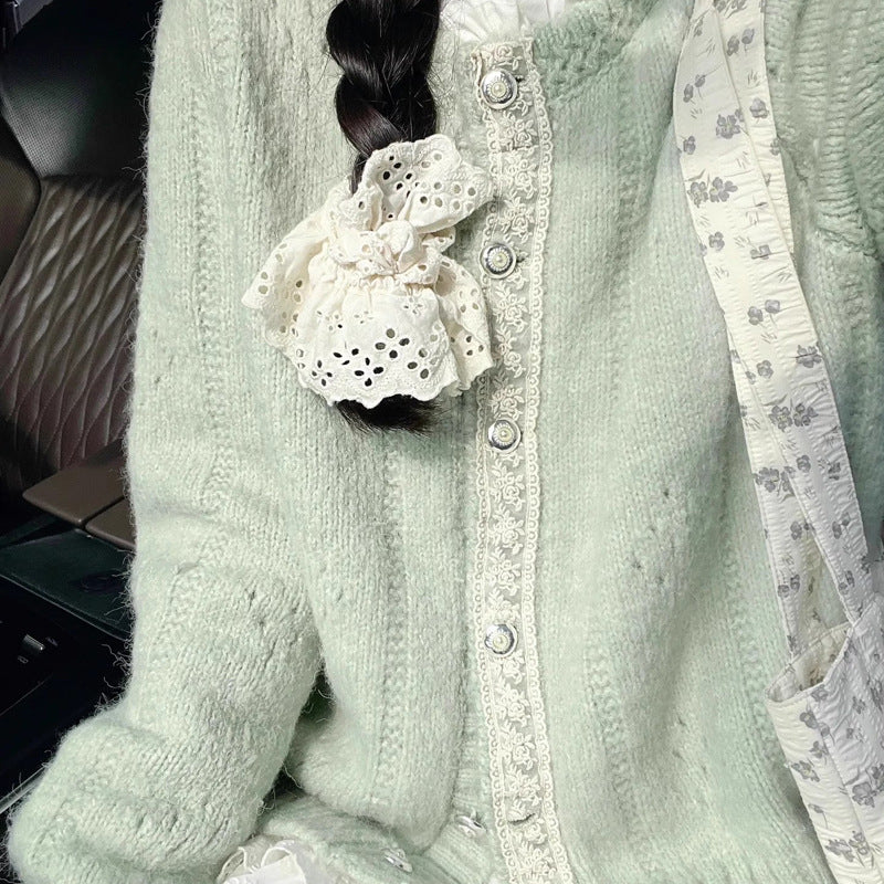 Green Lace Design Knit Cardigan for Women, Autumn Literary Vintage Lazy Outerwear Top