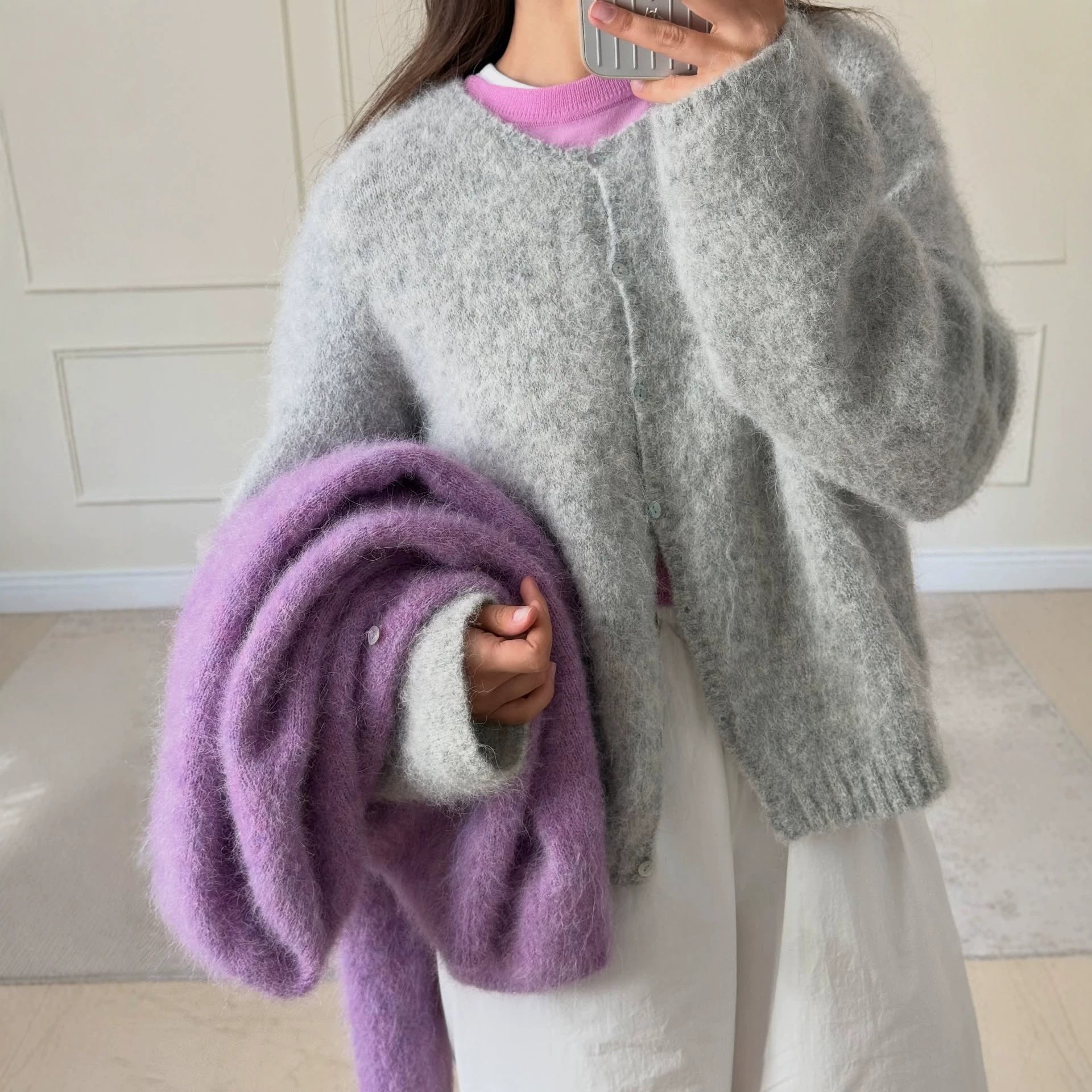 Laid-back Style Wool-Blended Cardigan for Women Knit Short Jacket Soft Long Sleeve Sweater