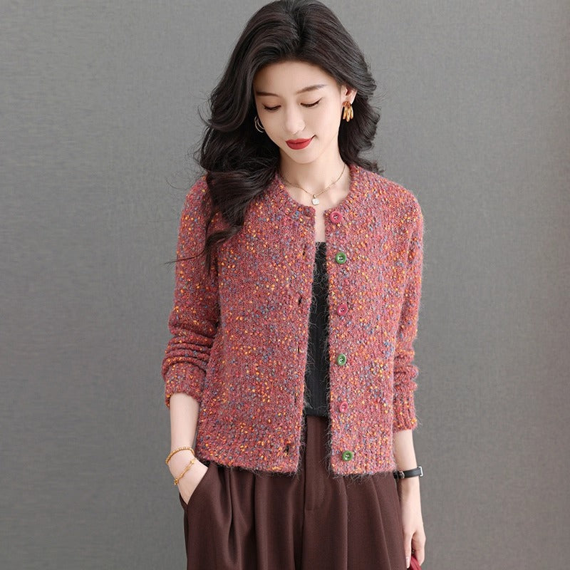 Chic Round Neck Knit Cardigan for Women, Loose Fit, Short Length, Fashionable Sweater Top, Spring and Autumn Style