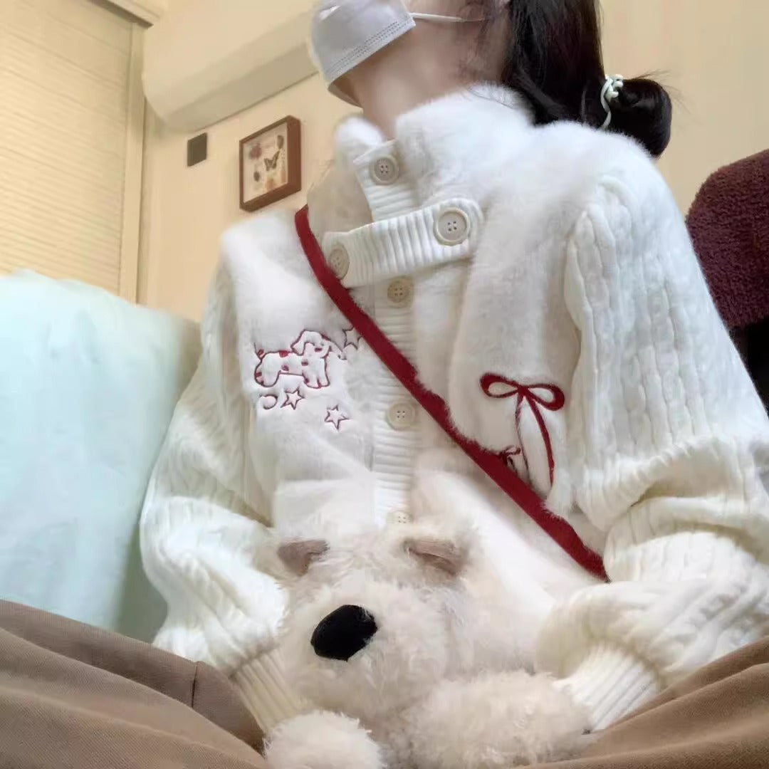 Sweet Knitted Patchwork Faux Fur Embroidered Cardigan for Women Spring Soft and Gentle Versatile Warm Open Front Sweater