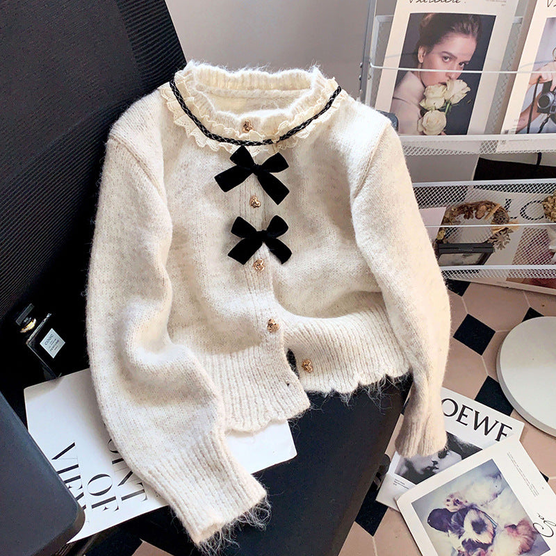 Chic Bow Soft Knit Cardigan Coat for Women, Spring and Autumn  Round Neck Floral Top