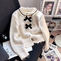 Chic Bow Soft Knit Cardigan Coat for Women, Spring and Autumn  Round Neck Floral Top