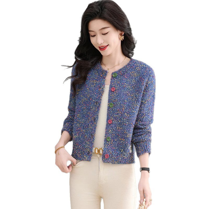 Chic Round Neck Knit Cardigan for Women, Loose Fit, Short Length, Fashionable Sweater Top, Spring and Autumn Style