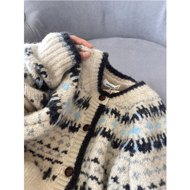 Vintage Jacquard Round Neck Knit Cardigan for Women, Thickened Single-Button Loose Fair Isle Sweater Coat, Stylish Autumn Winter Top