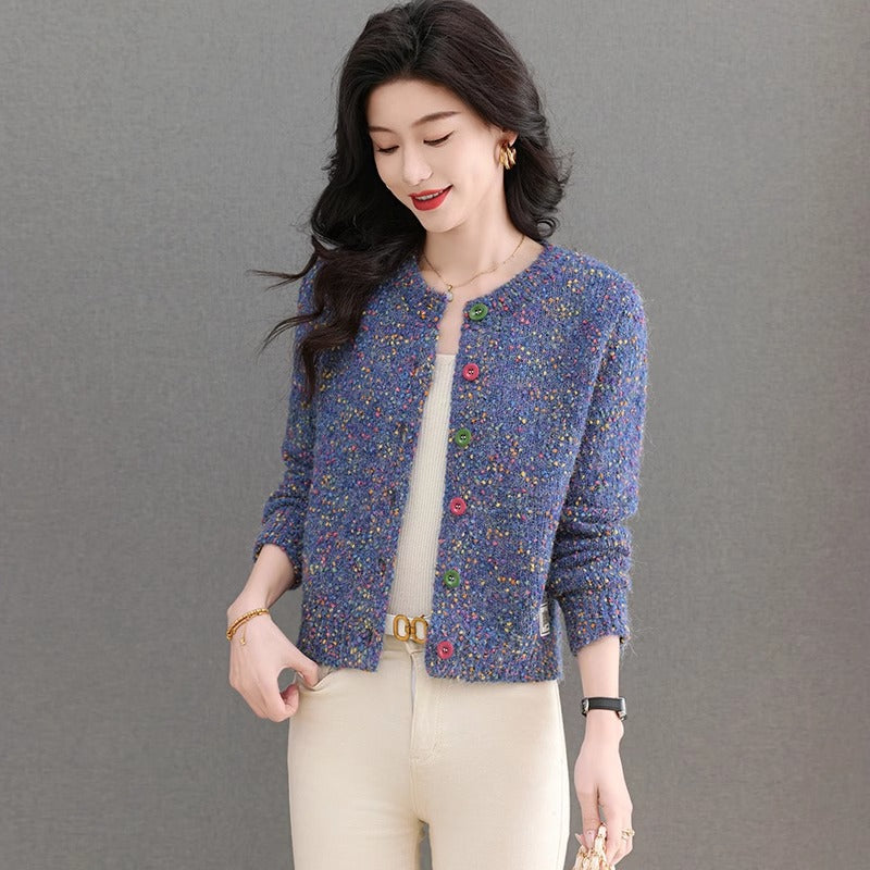 Chic Round Neck Knit Cardigan for Women, Loose Fit, Short Length, Fashionable Sweater Top, Spring and Autumn Style