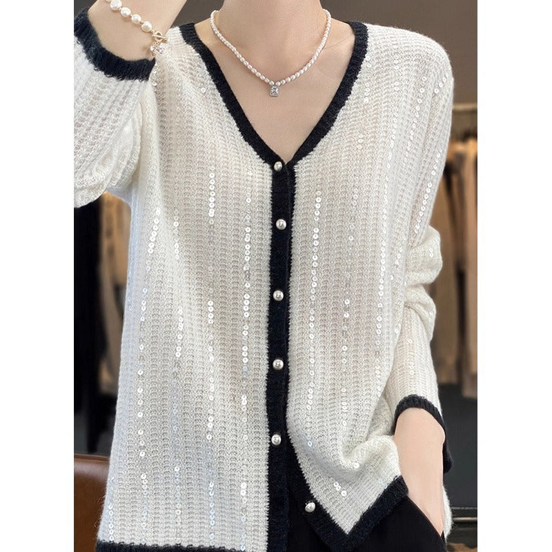 V-neck Knit Cardigan for Women, Autumn New Style, Heavy Beaded, Lazy Style, Loose Pearl Button Sweater Coat
