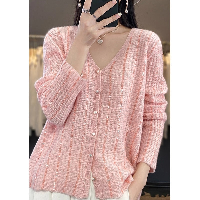 V-neck Knit Cardigan for Women, Autumn New Style, Heavy Beaded, Lazy Style, Loose Pearl Button Sweater Coat