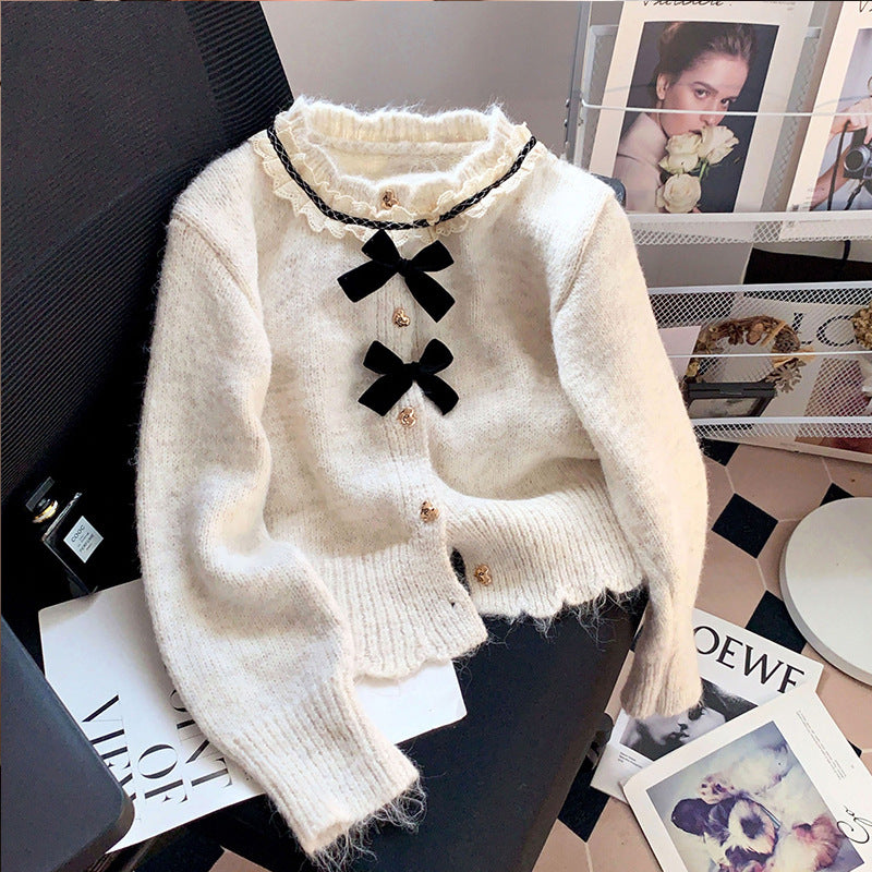 Chic Bow Soft Knit Cardigan Coat for Women, Spring and Autumn  Round Neck Floral Top