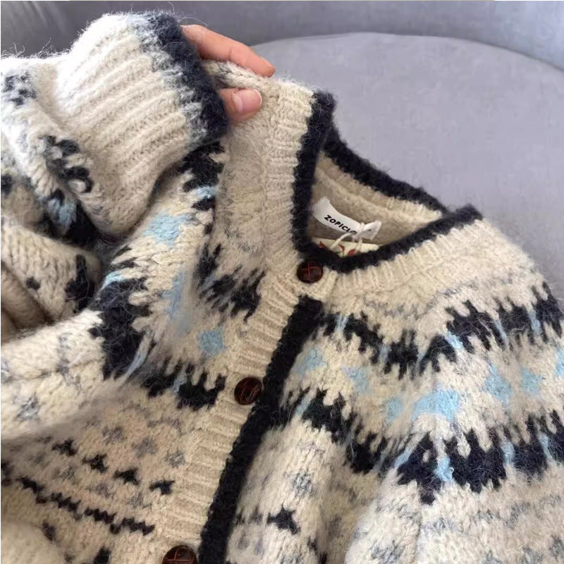 Vintage Jacquard Round Neck Knit Cardigan for Women, Thickened Single-Button Loose Fair Isle Sweater Coat, Stylish Autumn Winter Top