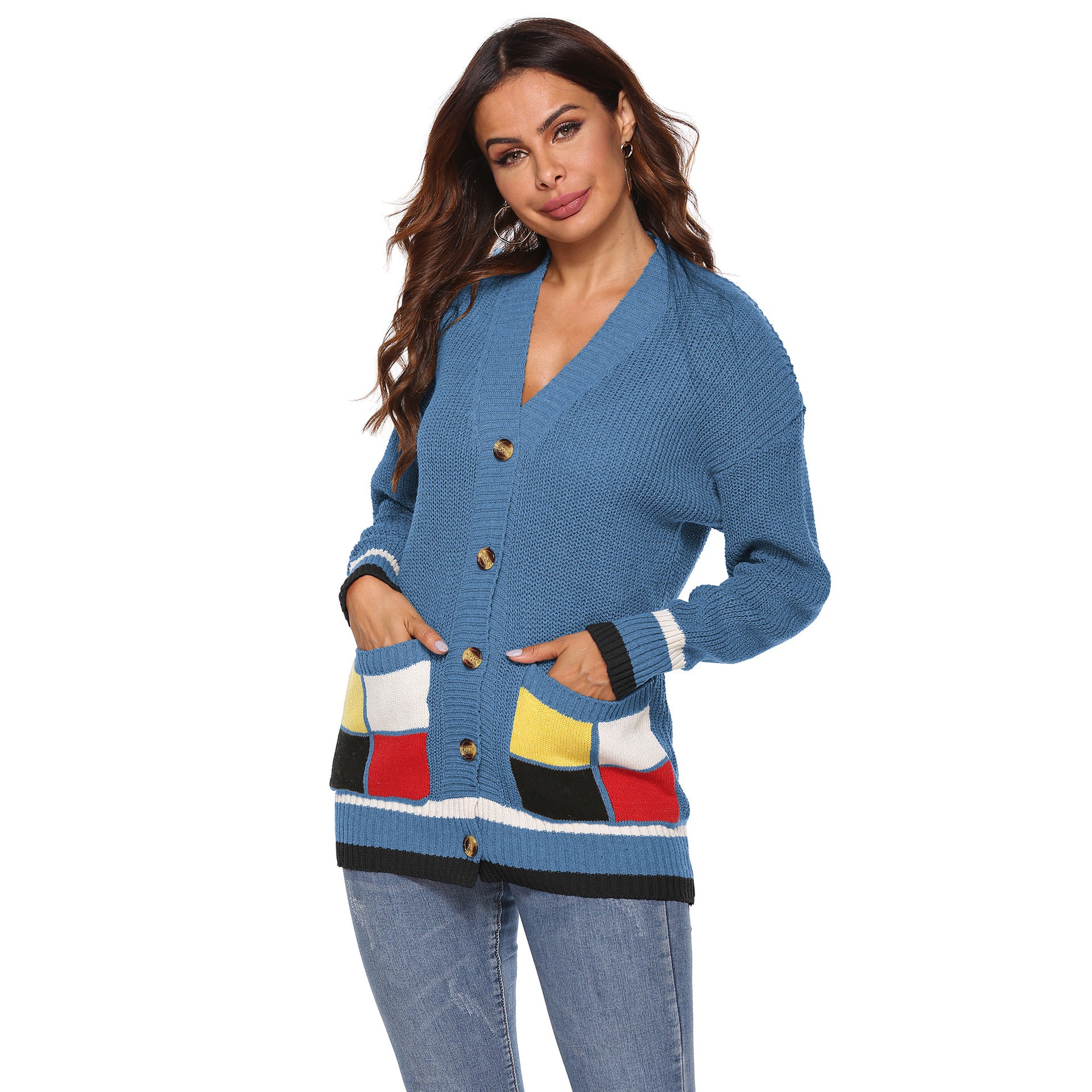 Women's Thick Woven Cardigan Coat with Color-blocked Large Pockets, V-neck Casual Sweater