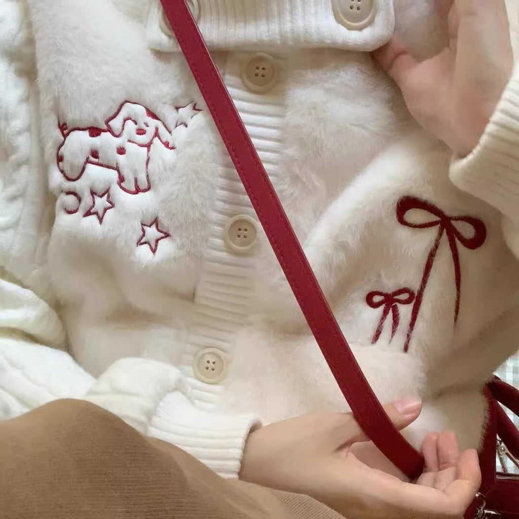 Sweet Knitted Patchwork Faux Fur Embroidered Cardigan for Women Spring Soft and Gentle Versatile Warm Open Front Sweater