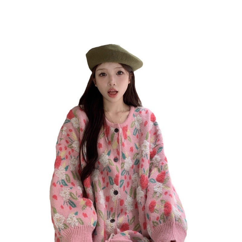 Chic and Stylish Loose Knit Sweater for Women, Autumn New Arrival, Plus Size, Sweet Floral Pink Knitted Cardigan