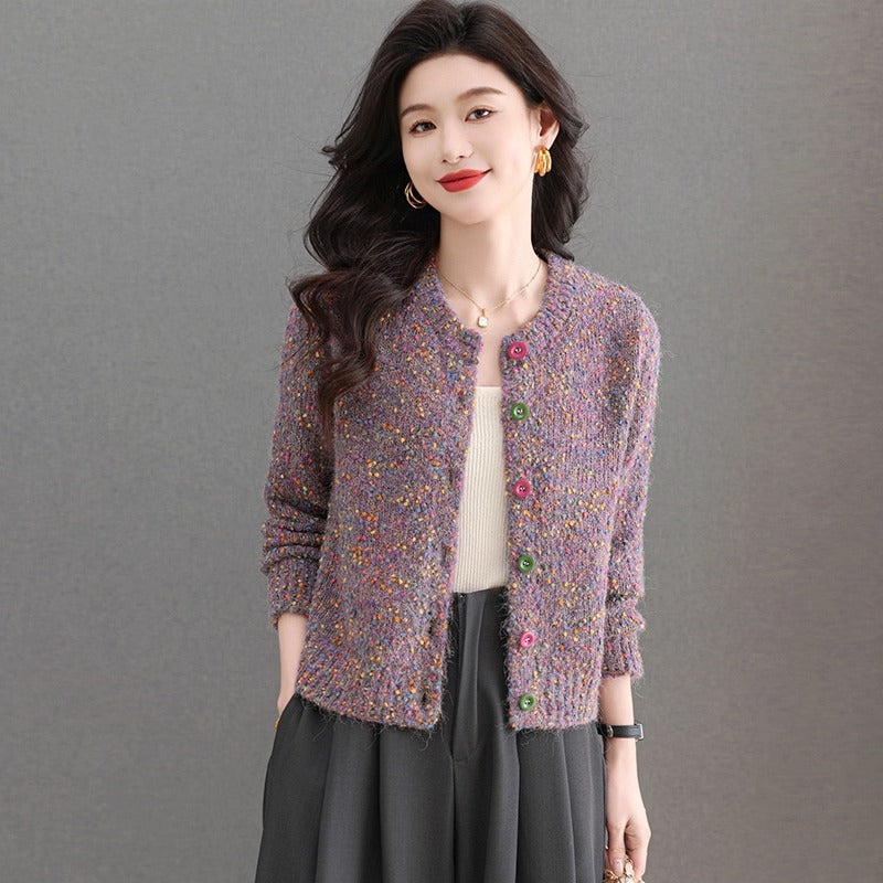 Chic Round Neck Knit Cardigan for Women, Loose Fit, Short Length, Fashionable Sweater Top, Spring and Autumn Style