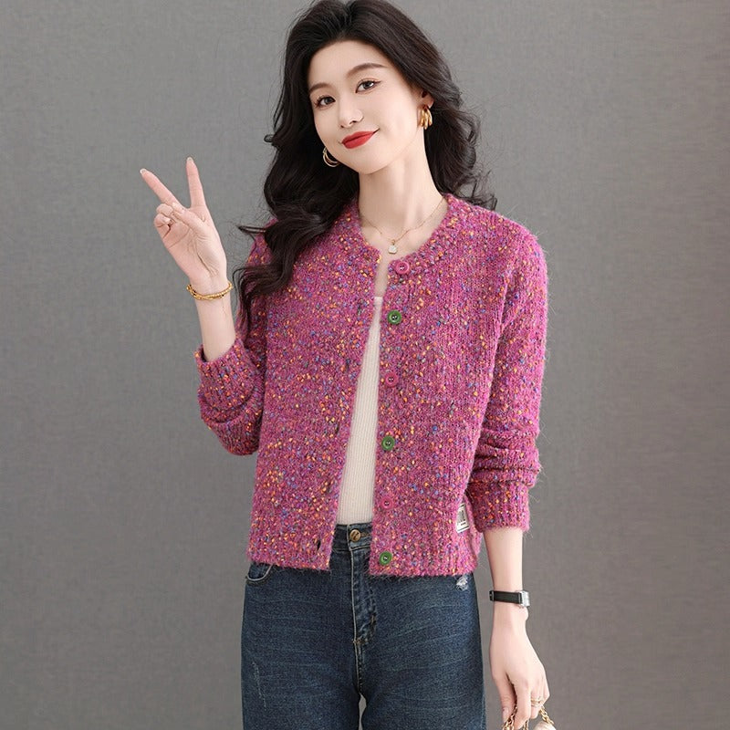 Chic Round Neck Knit Cardigan for Women, Loose Fit, Short Length, Fashionable Sweater Top, Spring and Autumn Style
