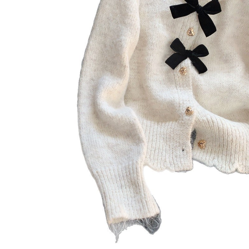 Chic Bow Soft Knit Cardigan Coat for Women, Spring and Autumn  Round Neck Floral Top