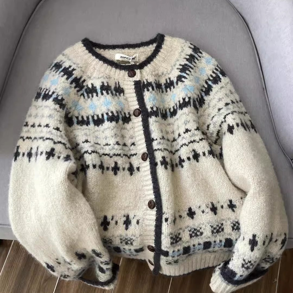 Vintage Jacquard Round Neck Knit Cardigan for Women, Thickened Single-Button Loose Fair Isle Sweater Coat, Stylish Autumn Winter Top