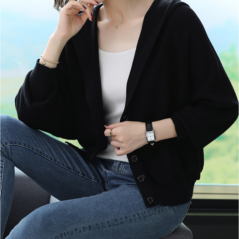 Knitted Cardigan Loose Outerwear Sweater Women's Short Hooded  Spring Autumn Fashion Top