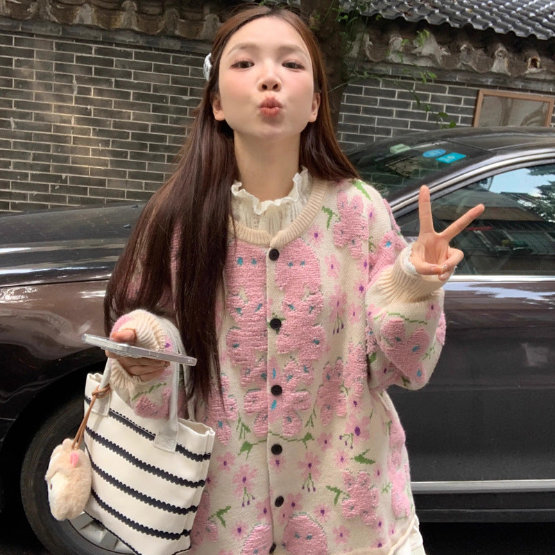 Chic and Stylish Loose Knit Sweater for Women, Autumn New Arrival, Plus Size, Sweet Floral Pink Knitted Cardigan