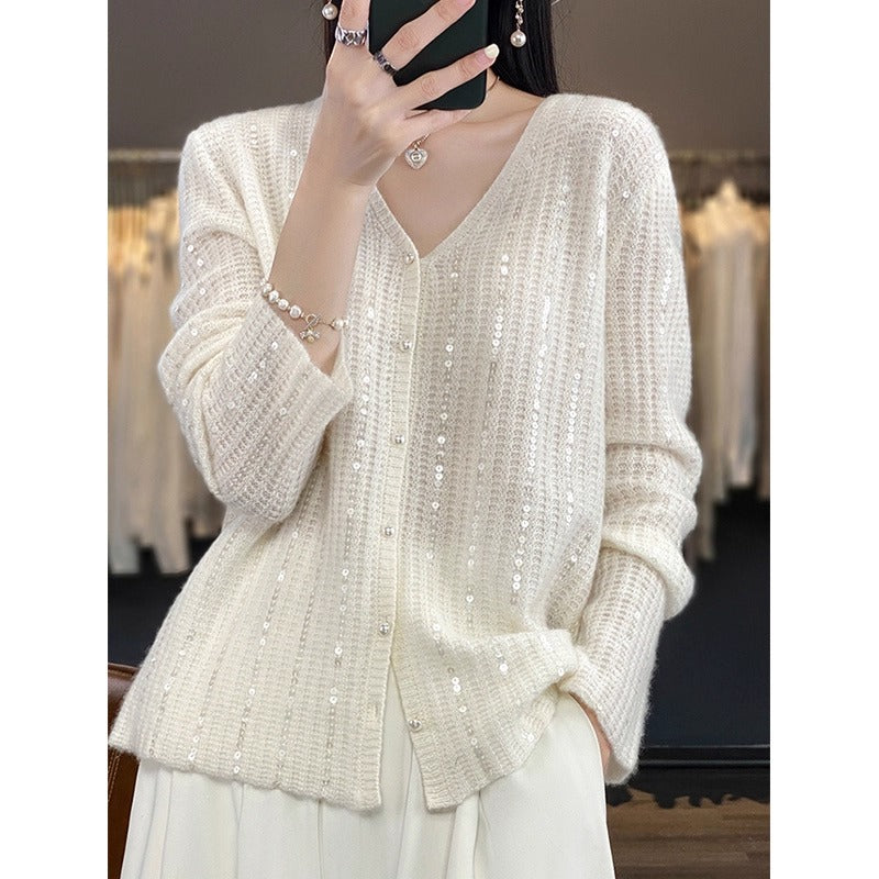 V-neck Knit Cardigan for Women, Autumn New Style, Heavy Beaded, Lazy Style, Loose Pearl Button Sweater Coat