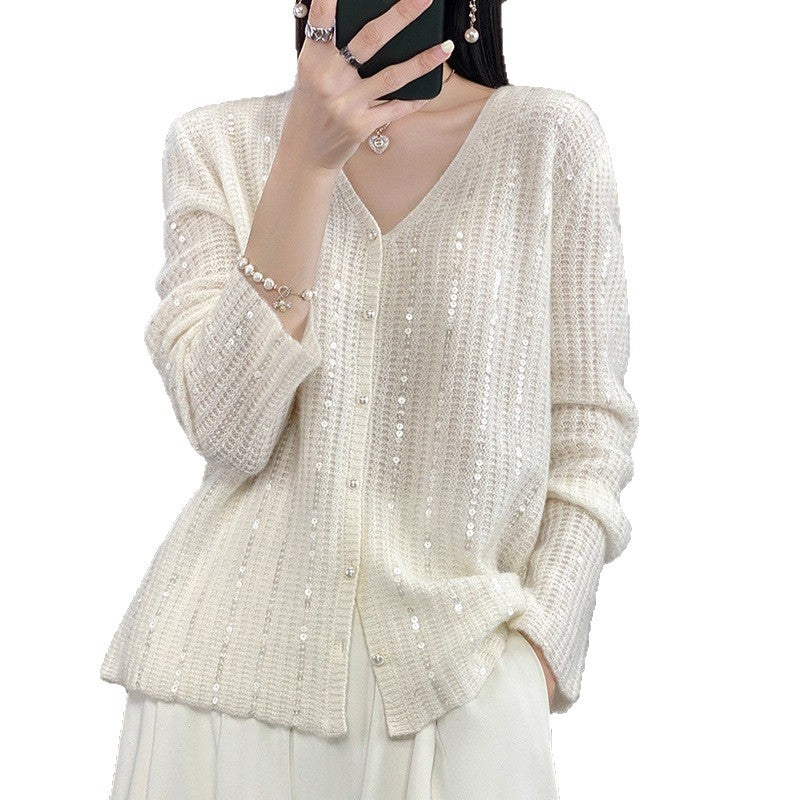 V-neck Knit Cardigan for Women, Autumn New Style, Heavy Beaded, Lazy Style, Loose Pearl Button Sweater Coat
