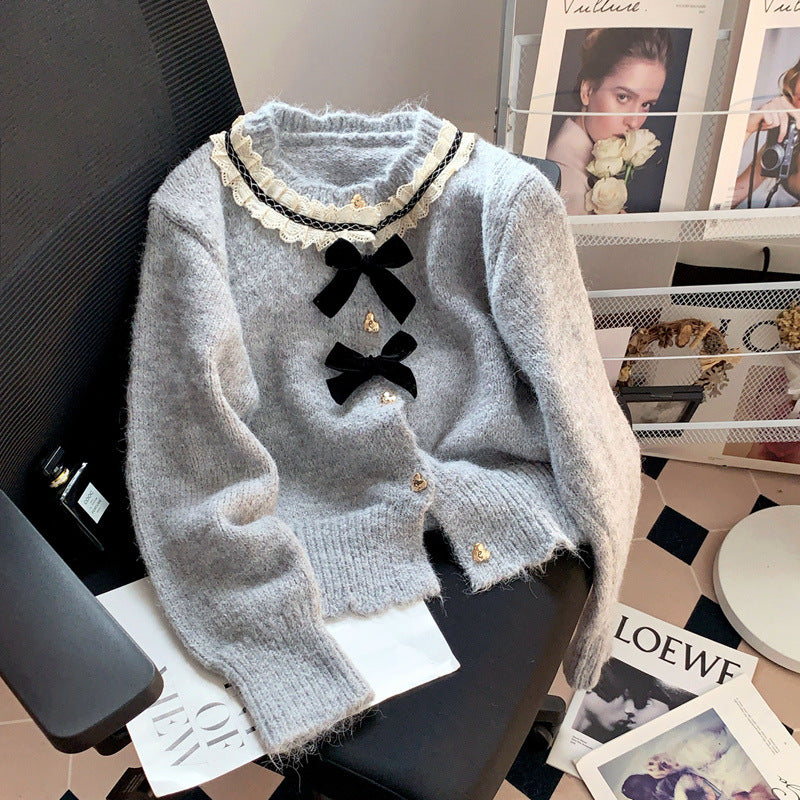 Chic Bow Soft Knit Cardigan Coat for Women, Spring and Autumn  Round Neck Floral Top