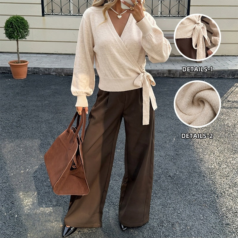 Solid color cross V-neck lace up slim fit long sleeved sweater