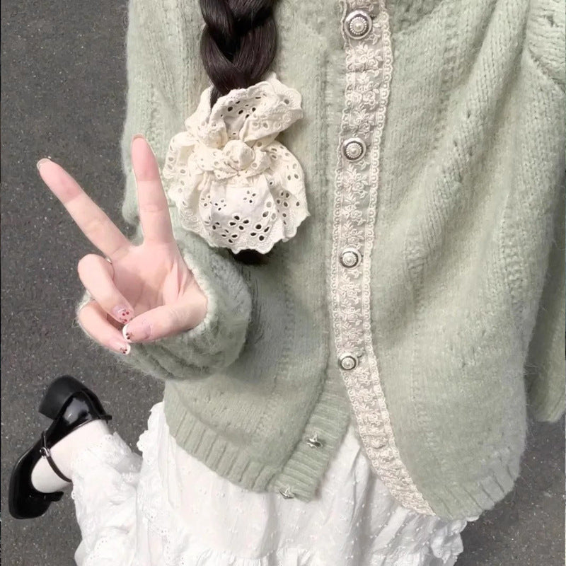 Green Lace Design Knit Cardigan for Women, Autumn Literary Vintage Lazy Outerwear Top