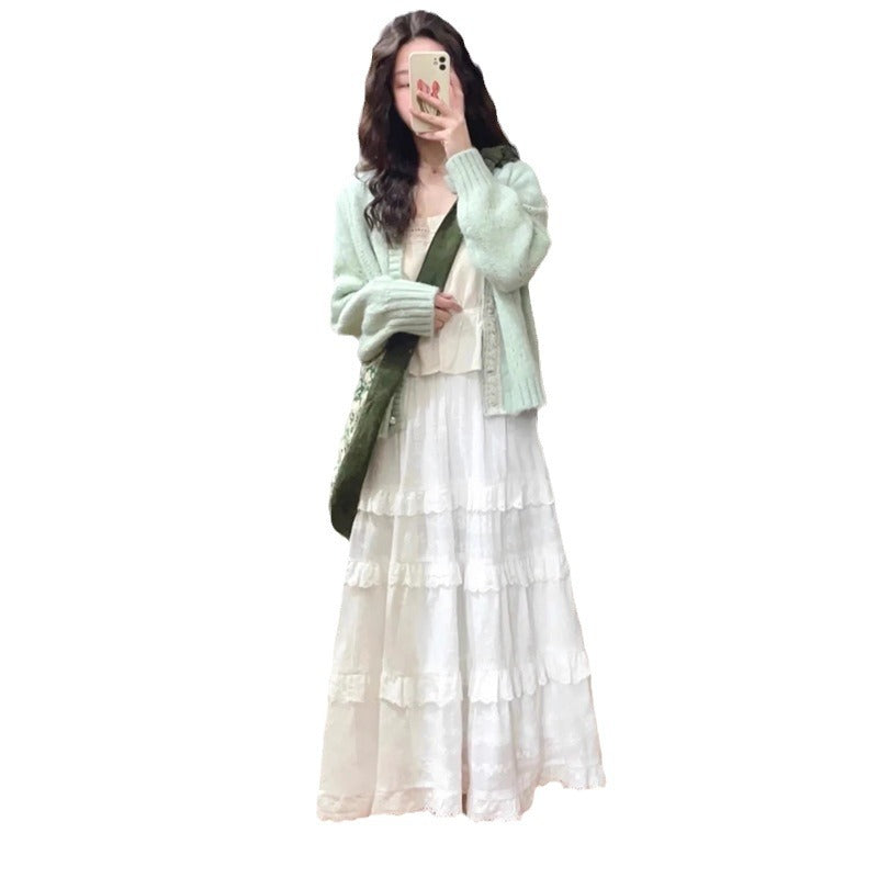 Green Lace Design Knit Cardigan for Women, Autumn Literary Vintage Lazy Outerwear Top